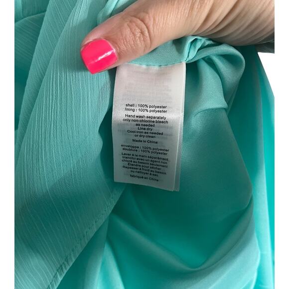 David's Bridal turquoise blue one shoulder asymmetrical gown pleated drape sz 8 - Picture 7 of 8